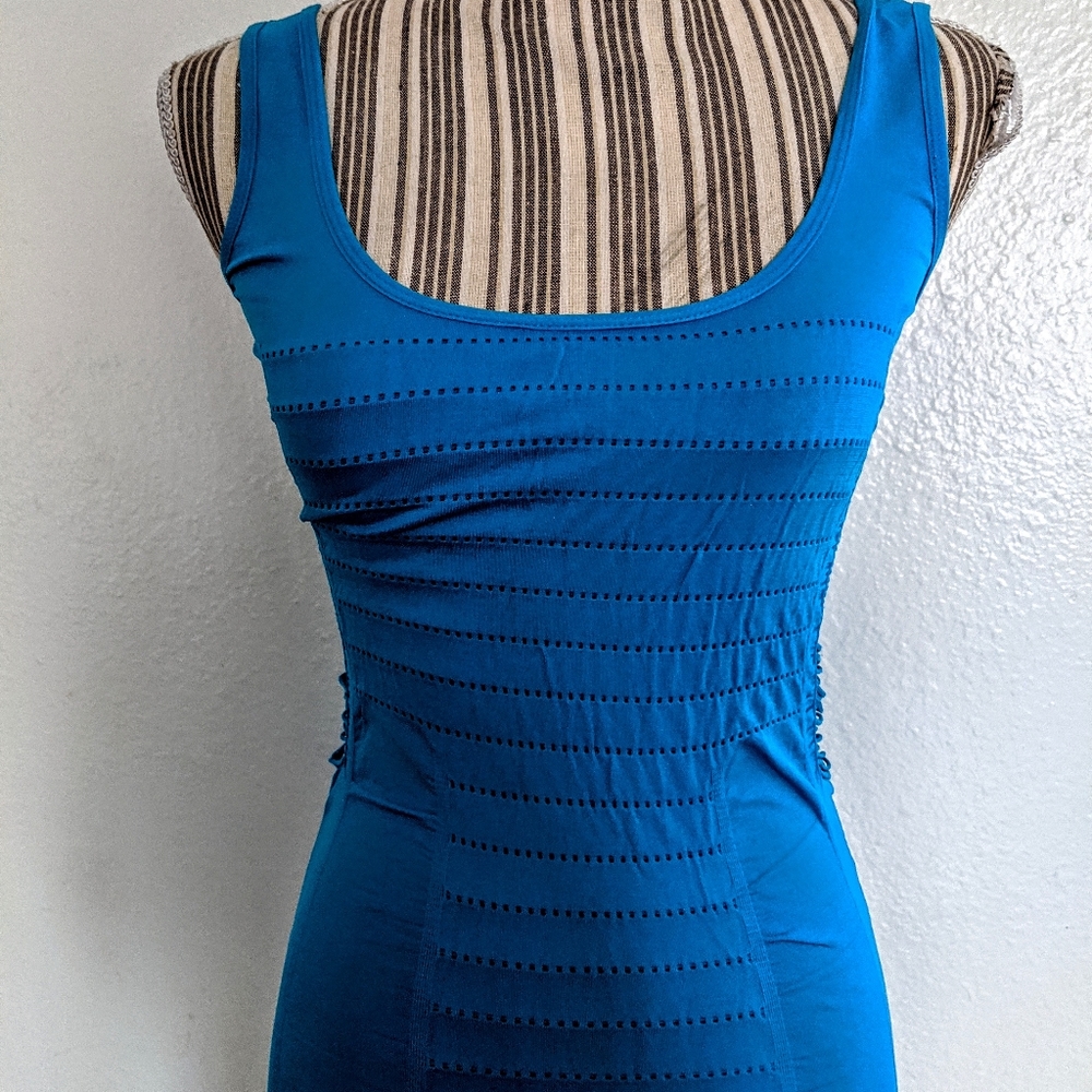 Blue bodycon mini dress.